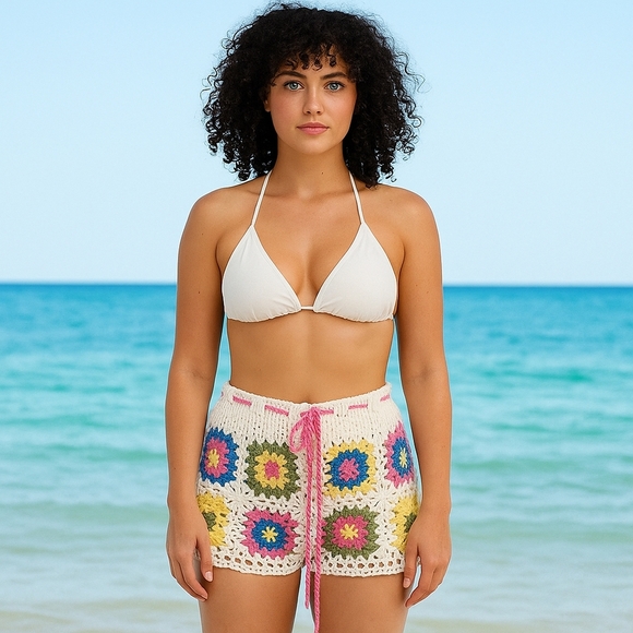 Musera Crochet Boho Shorts Colorful Hollow Out Cover Up  Floral Granny Square L - Picture 1 of 17